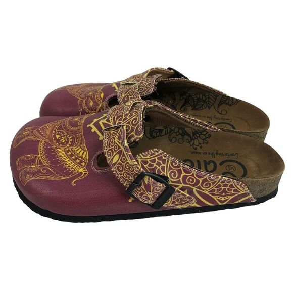 Calceo Mosaic Patterned Purple/Pink/Yellow Elephant Buckle Strap Clogs Sz 37 - Picture 3 of 8